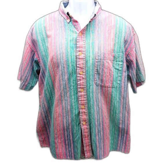 American Weekend Men's XL Multistripe Button Down Collard Short Sleeve Shirt... - Picture 1 of 13